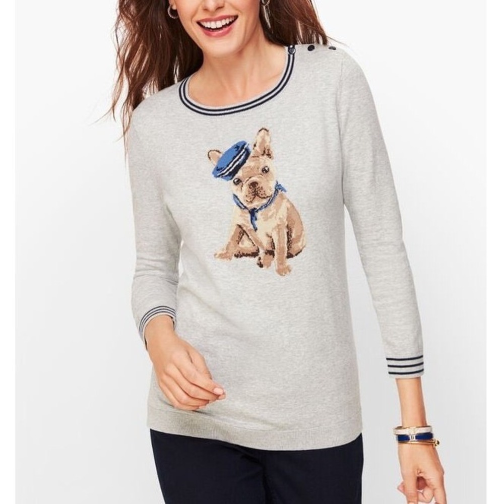 Talbots French Bulldog Sailor Intarsia Sweater Petite Preppy Coastal layer XP